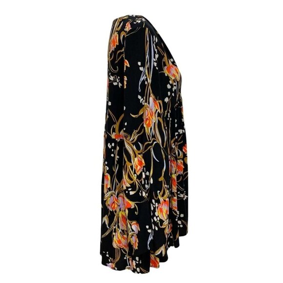 FREE PEOPLE BELLA BLACK FLORAL V-NECK LONG SLEEVE TUNIC TOP - S - Picture 3 of 10